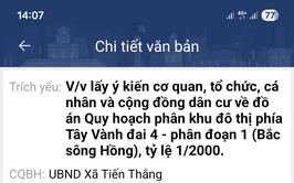 THÔNG BÁO 
Về việc công khai lấy ý kiến đồ án Quy hoạch 
phân khu đô thị phía Tây Vành đai 4 - phân đoạn 1  
(Bắc sông Hồng), tỷ lệ 1/2.000 