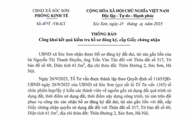THÔNG BÁO CÔNG KHAI KẾT QUẢ KIỂM TRA HỒ SƠ ĐĂNG KÝ CẤP GCN QSD ĐẤT