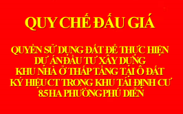 Quy chế cuộc đấu giá quyền sử dụng đất để thực hiện dự án đầu tư xây dựng khu nhà ở thấp tầng tại ô đất ký hiệu CT trong khu tái định cư 8.5ha phường Phú DIễn, TP. Hà Nội