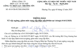 Thông báo việc ngừng, giảm mức cung cấp điện tuần 50-khu vực 1 (ngày 08/12/025)