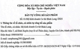 Bản tự công bố sản phẩm nước mắm của Hộ kinh doanh cơ sở Bình Long, địa chỉ thôn 7, xã Phù Đổng, TP. Hà Nội