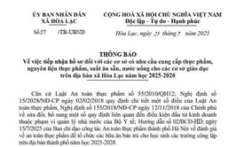 UBND xã Hòa Lạc thông báo về việc tiếp nhận hồ sơ đối với các cơ sở có nhu cầu cung cấp thực phẩm, nguyên liệu thực phẩm, suất ăn sẵn, nước uống cho các cơ sở trên địa bàn xã Hòa Lạc năm học 2025-2026.