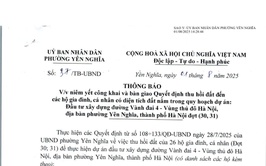 THÔNG BÁO NIÊM YẾT CÔNG KHAI  VÀ BÀN GIAO QUYẾT ĐỊNH THU HỒI ĐẤT (ĐỢT 30, 31) DỰ ÁN ĐẦU TƯ XÂY DỰNG ĐƯỜNG VÀNH ĐAI 4 