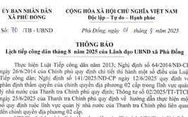 Lịch tiếp công dân tháng 8 năm 2025 của lãnh đạo UBND xã Phù Đổng