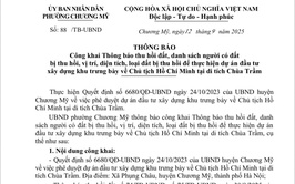 Thông báo thu hồi đất, danh sách người có đất bị thu hồi, vị trí, diện tích, loại đất bị thu hồi để thực hiện dự án đầu tư xây dựng khu trưng bày về Chủ tịch Hồ Chí Minh tại di tích Chùa Trầm