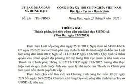 THÔNG BÁO
Thành phần, lịch tiếp công dân của lãnh đạo UBND xã
(Thứ Ba, ngày 23/9/2025)