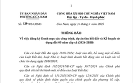 THÔNG BÁO
Về việc đăng ký Danh mục các công trình, dự án thu hồi đất và Kế hoạch sử dụng đất 05 năm cấp xã (2026-2030)

