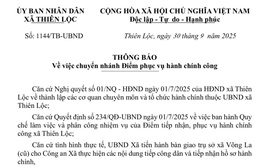 Thông báo V/v chuyển nhánh Điểm phục vụ hành chính công tại trụ sở UBND xã Võng La cũ về Điểm phục vụ hành chính công xã Thiên Lộc từ ngày 01/10/2025.