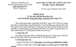 Thông báo của Trung tâm phục vụ hành chính công thành phố Hà Nội – Chi nhánh số 12 về việc thay đổi thời gian làm việc của Chi nhánh Trung tâm Phục vụ hành chính công số 12
