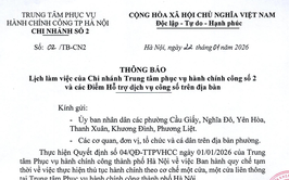 Thông báo lịch làm việc của Chi nhánh Trung tâm phục vụ hành chính công số 2 và các Điểm Hỗ trợ dịch vụ công số trên địa bàn