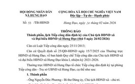 THÔNG BÁO
Thành phần, lịch Tiếp công dân định kỳ của Chủ tịch HĐND xã và Đại biểu HĐND xã Hưng Đạo (thứ 5 ngày 26/02/2026)