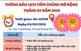 Thông báo lịch tiêm chủng mở rộng tháng 02 năm 2026 trên địa bàn phường Hai Bà Trưng.