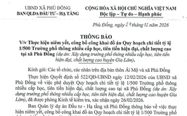 Thông báo về việc niêm yết, công bố đồ án Quy hoạch chi tiết tỷ lệ 1/500 Trường phổ thông nhiều cấp học, tiên tiến hiện đại, chất lượng cao tại xã Phù Đổng