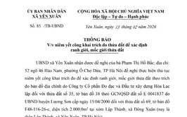 UBND xã Yên Xuân niêm yết công khai trích đo thửa đất để xác định ranh giới, mốc giới đối với thửa đất số 69, tờ bản đồ F48-116-26-c, diện tích 2.000,0m2 tại xóm Lập Thành, xã Đông Xuân (thôn Lập Thành, xã Yên Xuân, TP Hà Nội).