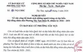 Thông báo số 47/TB-UBBC ngày 20/3/2026 của Ủy ban bầu cử phường Tây Tựu về việc công khai Nghị quyết công bố danh sách người trúng cử đại biểu HĐND phường Tây Tựu nhiệm kỳ 2026 - 2031