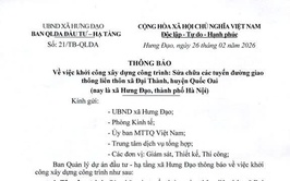 THÔNG BÁO
Về việc khởi công xây dựng công trình: Sửa chữa các tuyến đường giao thông liên thôn xã Đại Thành, huyện Quốc Oai (nay là xã Hưng Đạo, thành phố Hà Nội)