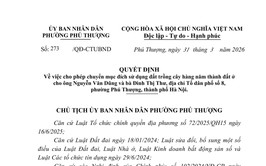 Phường Phú Thượng công khai quyết định về việc cho phép chuyển mục đích sử dụng đất trồng cây hàng năm thành đất ở cho ông Nguyễn Văn Dũng và bà Đinh Thị Thư, địa chỉ Tổ dân phố số 8, phường Phú Thượng, thành phố Hà Nội