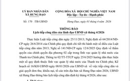THÔNG BÁO
Lịch tiếp công dân của lãnh đạo UBND xã tháng 4/2026