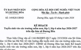 Kế hoạch tuyển sinh vào các trường Mầm non, lớp 1, lớp 6 năm học 2026 - 2027 trên địa bàn xã Dương Hòa