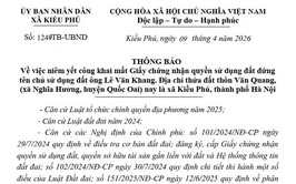 Niêm yết công khai mất Giấy chứng nhận quyền sử dụng đất đứng tên chủ sử dụng đất ông Lê Văn Khang. Địa chỉ thửa đất thôn Văn Quang, (xã Nghĩa Hương, huyện Quốc Oai) nay là xã Kiều Phú, thành phố Hà Nội