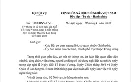 Toàn văn Công văn 3383/BNV-CVL lịch nghỉ Giỗ Tổ và 30/4 - 01/5 năm 2026 của Bộ Nội vụ