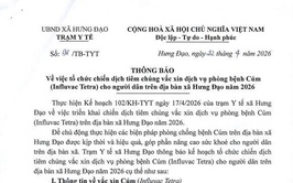THÔNG BÁO
Về việc tổ chức chiến dịch tiêm chủng vắc xin dịch vụ phòng bệnh Cúm (Influvac Tetra) cho người dân trên địa bàn xã Hưng Đạo năm 2026