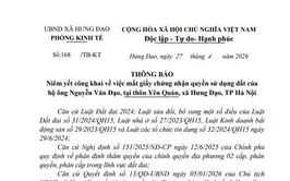 THÔNG BÁO
Niêm yết công khai về việc mất giấy chứng nhận quyền sử dụng đất của hộ ông Nguyễn Văn Đạo, tại thôn Yên Quán, xã Hưng Đạo, TP Hà Nội