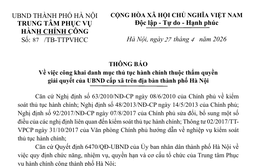 Thông báo công khai danh mục thủ tục hành chính thuộc thẩm quyền giải quyết của UBND cấp xã trên địa bàn thành phố Hà Nội