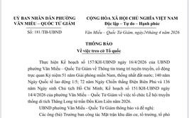 PHƯỜNG VĂN MIẾU – QUỐC TỬ GIÁM THÔNG BÁO TREO CỜ TỔ QUỐC CHÀO MỪNG CÁC NGÀY LỄ LỚN CỦA ĐẤT NƯỚC VÀ LỄ HỘI TRUYỀN THỐNG ĐỀN KIM LIÊN NĂM 2026