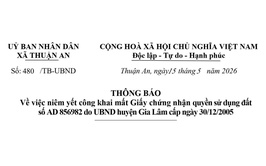 Thông báo về việc niêm yết công khai mất Giấy chứng nhận quyền sử dụng đất số AD 856982 do UBND huyện Gia Lâm cấp ngày 30/12/2005