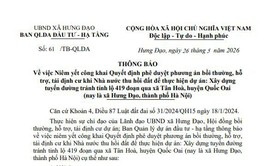 THÔNG BÁO
Về việc Niêm yết công khai Quyết định phê duyệt phương án bồi thường, hỗ trợ, tái định cư khi Nhà nước thu hồi đất để thực hiện dự án: Xây dựng tuyến đường tránh tỉnh lộ 419