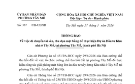 Thông báo về việc di chuyển tài sản, thu dọn mặt bằng để thực hiện Dự án Đầu tư Khu nhà ở Tây Mỗ, tại phường Tây Mỗ, thành phố Hà Nội
