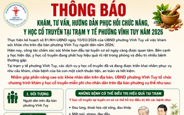 THÔNG BÁO KHÁM, TƯ VẤN, HƯỚNG DẪN PHỤC HỒI CHỨC NĂNG, Y HỌC CỔ TRUYỀN TẠI TRẠM Y TẾ PHƯỜNG VĨNH TUY NĂM 2026