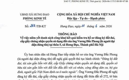 THÔNG BÁO
Về việc niêm yết danh sách công khai kết quả kiểm tra hồ sơ đăng ký đất đai, cấp giấy chúng nhận quyền sử dụng đất của ông Vương Đắc Phong (là người đại diện đứng tên) tại thôn 5, xã Hưng Đạo, Thành phố Hà Nội