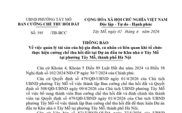 THÔNG BÁO Về việc quản lý tài sản của hộ gia đình, cá nhân có liên quan khi tổ chức thực hiện cưỡng chế thu hồi đất tại Dự án đầu tư Khu nhà ở Tây Mỗ tại phường Tây Mỗ, thành phố Hà Nội