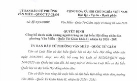 CÔNG BỐ KẾT QUẢ BẦU CỬ ĐẠI BIỂU HỘI ĐỒNG NHÂN DÂN PHƯỜNG VĂN MIẾU - QUỐC TỬ GIÁM KHÓA II, NHIỆM KỲ 2026 – 2031