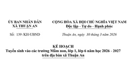 Kế hoạch tuyển sinh vào các trường Mầm non, lớp 1, lớp 6 năm học 2026-2027 trên địa bàn xã Thuận An