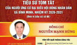 Ban biên tập cổng xã Bình Minh xin trân trọng được giới thiệu tiểu sử tóm tắt của đồng chí UVBTV, Trưởng ban Xây dựng Đảng Nguyễn Mạnh Hùng người ứng cử Đại biểu HĐND xã Bình Minh, nhiệm kỳ 2026- 2031( Đơn vị bầu cử số 08)
