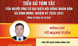 Ban biên tập cổng xã Bình Minh xin trân trọng được giới thiệu  đồng chí Vũ Mạnh Tuấn, UVBTV Đảng uỷ, Phó Chủ tịch UBND xã người ứng cử đại biểu HĐND xã Bình Minh, nhiệm kỳ 2026- 2031( Đơn vị bầu cử số 04)