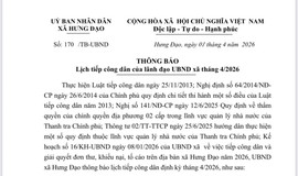 THÔNG BÁO
Lịch tiếp công dân của lãnh đạo UBND xã tháng 4/2026