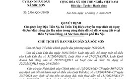 QUYẾT ĐỊNH CHO PHÉP ÔNG ĐẬU TIẾN SỸ, BÀ TRẦN THỊ HIỆU CHUYỂN MỤC ĐÍCH SỬ DỤNG 46,3M2 ĐẤT TRỒNG CÂY LÂU NĂM TRONG CÙNG THỬA ĐẤT CÓ ĐẤT Ở TẠI THÔN VỆ SƠN ĐÔNG, XÃ SÓC SƠN, THÀNH PHỐ HÀ NỘI