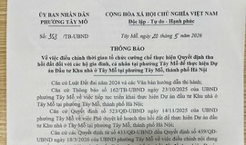 Điều chỉnh thời gian tổ chức cưỡng chế thực hiện Quyết định thu hồi đất đối với các hộ gia đình, cá nhân tại phường Tây Mỗ để thực hiện Dự án Đầu tư Khu nhà ở Tây Mỗ tại phường Tây Mỗ