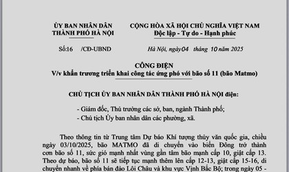 Công điện của UBND Thành phố Hà Nội về việc ứng phó với cơn bão số 11