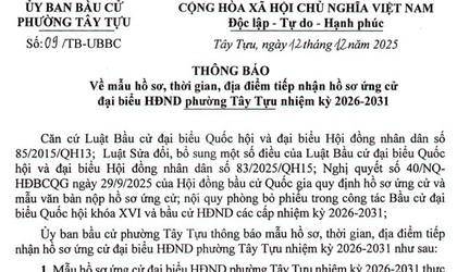 Thông báo số 09/TB-UBBC ngày 12/12/2025 của Ủy ban bầu cử phường Tây Tựu về mẫu hồ sơ, thời gian, địa điểm tiếp nhận hồ sơ ứng cử đại biểu HĐND phường Tây Tựu nhiệm kỳ 2026-2031
