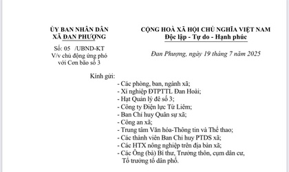 UBND xã Đan Phượng ban hành công văn về việc chủ động ứng phó với Cơn bão số 3