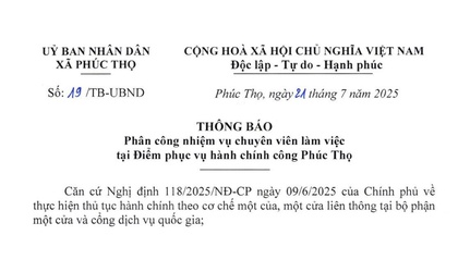 Thông báo phân công nhiệm vụ các chuyên viên làm việc tại Điểm phục vụ hành chính công Phúc Thọ 