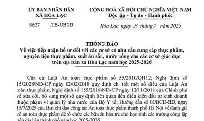 UBND xã Hòa Lạc thông báo về việc tiếp nhận hồ sơ đối với các cơ sở có nhu cầu cung cấp thực phẩm, nguyên liệu thực phẩm, suất ăn sẵn, nước uống cho các cơ sở trên địa bàn xã Hòa Lạc năm học 2025-2026.