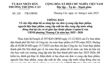 TB tiếp nhận hồ sơ mời cung cấp thực phẩm, nguyên liệu thực phẩm, cung cấp suất ăn sẵn, cung cấp nước uống đóng chai tại các cơ sở giáo dục thuộc phạm vi quản lý của UBND phường Thượng Cát năm học 2025 - 2026