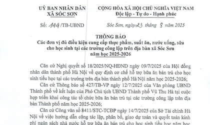 THÔNG BÁO CÁC ĐƠN VỊ ĐỦ ĐIỀU KIỆN CUNG CẤP THỰC PHẨM, SUẤT ĂN BÁN TRÚ, SỮA, NƯỚC UỐNG CHO HỌC SINH CÁC TRƯỜNG CÔNG LẬP TRÊN ĐỊA BÀN XÃ SÓC SƠN