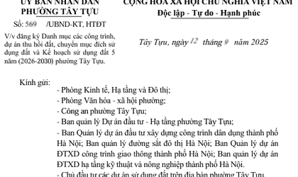 Đăng ký Danh mục các công trình, dự án thu hồi đất, chuyển mục đích sử dụng đất và Kế hoạch sử dụng đất 5 năm (2026-2030) phường Tây Tựu